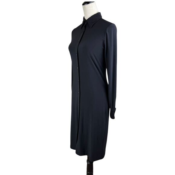 Norma Kamali Black Jersey Ponte Knit Long Sleeve Button Up Collared Shirt Dress - Picture 2 of 12